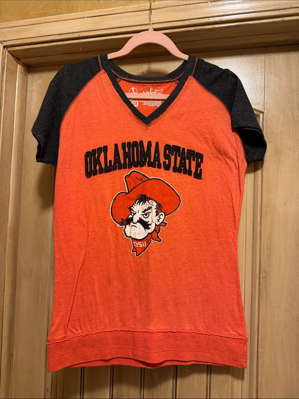 Pressbox Orange and Black Oklahoma State V-Neck Raglan Tee